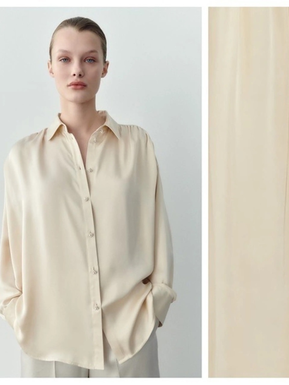 Zara Cream Relaxed Silk-Feel Button-Down Blouse